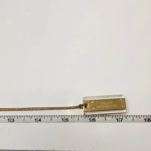 Michael Kors Gold Tone Acetate Logo Dog Tag Pendant Necklace Long Chain Designer - Picture 5 of 6